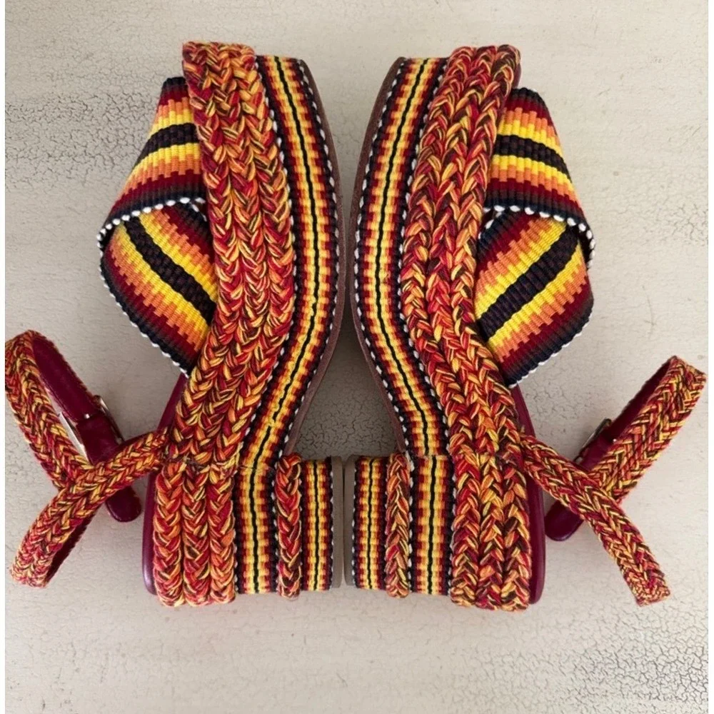Antolina Paris Woven Textile Women Sz 8 Striped Platform Sandal Red/Yellow/Black
